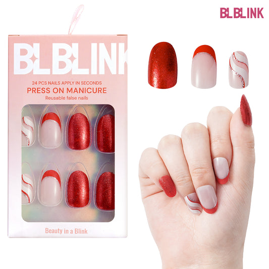BLBLINK Christmas Press-On Nails, Red Glitter Almond Shape with White Geometric Design, 24PCS Holiday Nail Set