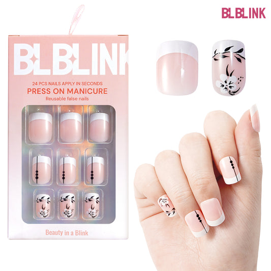 BLBLINK 3D Press-On Nails, 24PCS Square Shape with Floral Leaf Design, Reusable & Salon-Quality