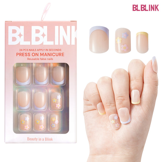BLBLINK Press-On Nails, 24PCS Short Square Shape, Multicolor Floral Design, Salon-Quality Look