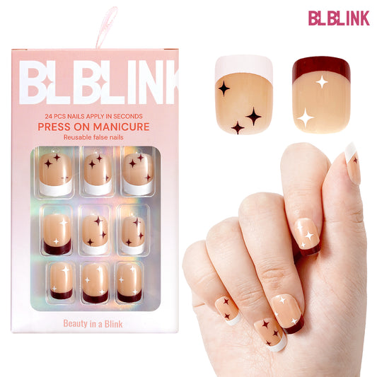 BLBLINK French Press-On Nails, 24PCS Square Design, Brown and White Double Splice with Star Mang Style