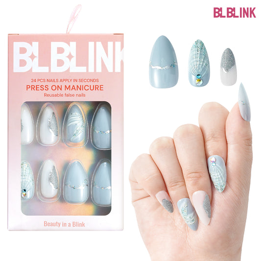 BLBLINK Everlasting 3D Press-On Nails – 24PCS Almond Shape with Water Drop Shell Design