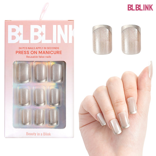 BLBLINK Cat Eye Press-On Nails, Square Shape with Silver Edge, 24PCS