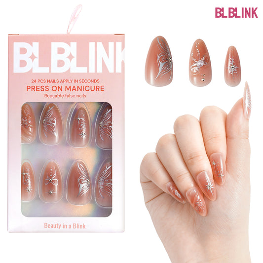 BLBLINK 3D Press-On Nails, 24PCS Almond Shape with Bow and Pearl Design, Reusable & Elegant Look