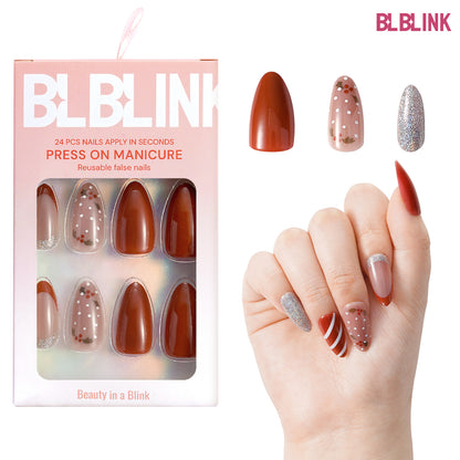 BLBLINK Christmas Candy Cane French Press-On Nails – 24PCS Red Almond Shape Festive Holiday Nail Set, Long-Lasting & Easy DIY Manicure