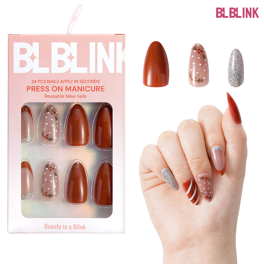 BLBLINK Christmas Candy Cane French Press-On Nails – 24PCS Red Almond Shape Festive Holiday Nail Set, Long-Lasting & Easy DIY Manicure