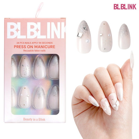 BLBLINK Christmas Almond Press-On Nails – 24PCS Snowflake Glitter with Sparkling Rhinestones for a Festive, Elegant Look