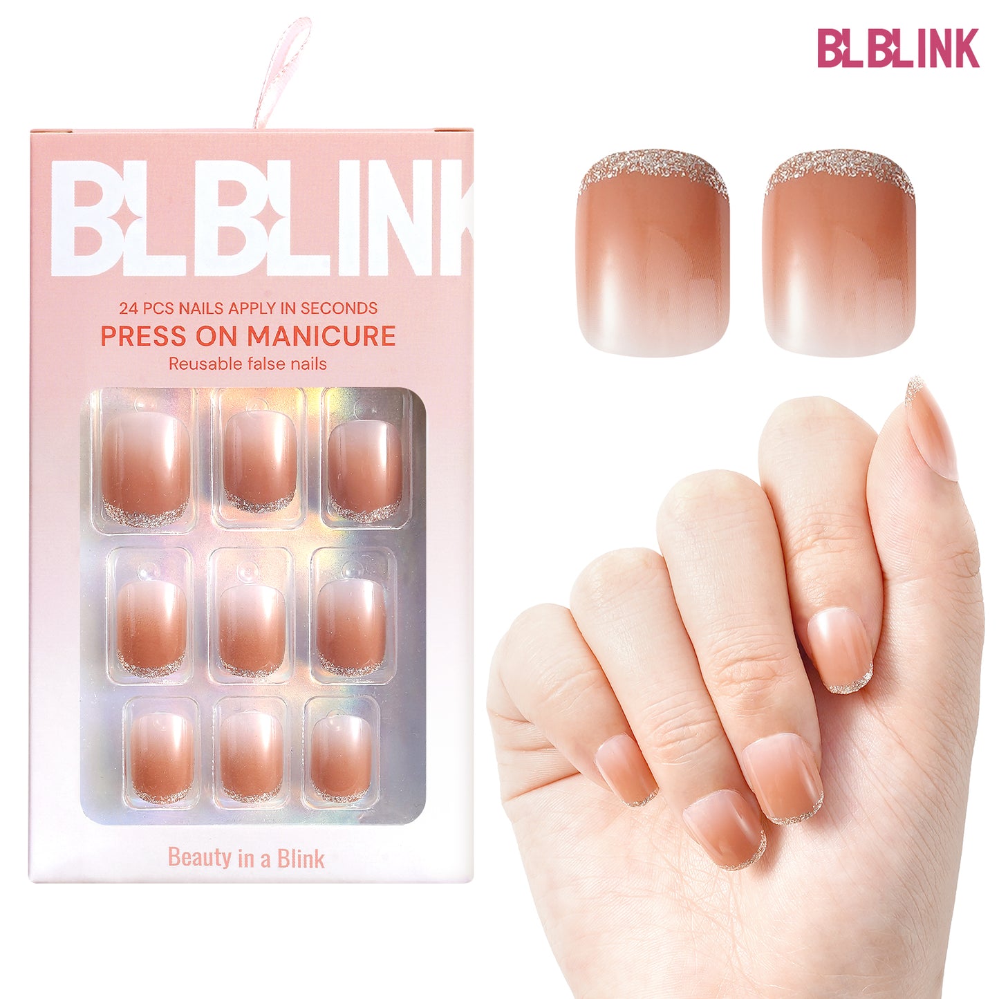 BLBLINK French Press-On Nails, 24PCS Square Shape with Gradient Sparkling Edge, Salon-Quality Finish
