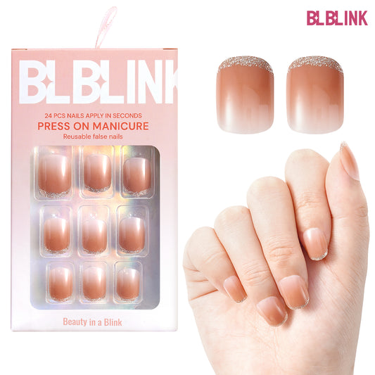 BLBLINK French Press-On Nails, 24PCS Square Shape with Gradient Sparkling Edge, Salon-Quality Finish