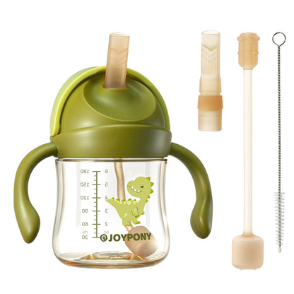 Joypony Baby Sippy Cups 6-12 Months, Spill Proof Weighted Straw Cup with Handle for Toddlers 1-3, 2 Silicone Straws, PPSU, BPA Free, 6 oz (Green)
