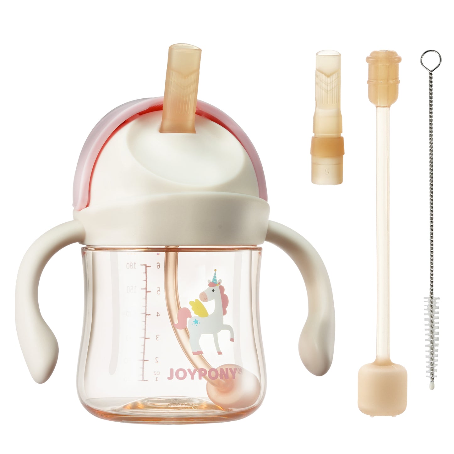 Joypony Baby Sippy Cups 6-12 Months, Spill Proof Weighted Straw Cup with Handle for Toddlers 1-3, 2 Silicone Straws, PPSU, BPA Free, 6 oz (Pink)