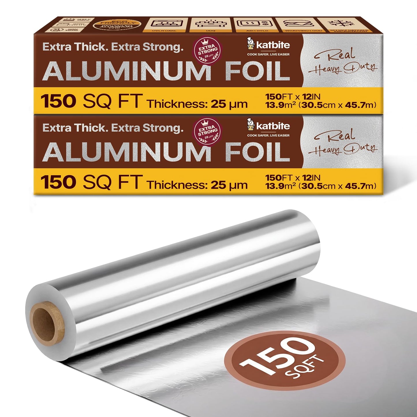 Katbite Heavy Duty Aluminum Foil Roll, 2 Pack, 12 in x 150 ft, 25 Micron Thick, with Cutter, for Cooking, Grilling and Catering