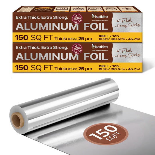 Katbite Heavy Duty Aluminum Foil Roll, 2 Pack, 12 in x 150 ft, 25 Micron Thick, with Cutter, for Cooking, Grilling and Catering