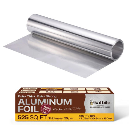 Katbite Heavy Duty Aluminum Foil Roll, 12 in x 525 ft, 25 Micron Thick Foil with Cutter for Cooking, Grilling and Catering, 525 Sq Ft