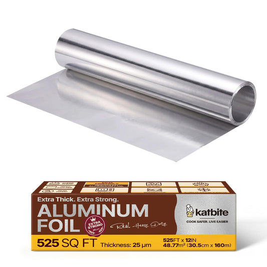 Katbite Heavy Duty Aluminum Foil Roll, 12 in x 525 ft, 25 Micron Thick Foil with Cutter for Cooking, Grilling and Catering, 525 Sq Ft