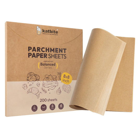 Katbite parchment paper baking sheets, 8 x 8 inch, 200 count, unbleached, non-stick, oil-resistant, precut square liners