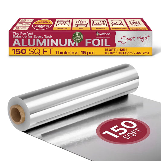 Katbite Aluminum Foil Roll, 12 in x 150 sq ft, Food Safe Aluminum Foil Wrap with Easy Cutter for Cooking, Baking, BBQ, Air Fryer, Food Storage, Freezing and Meal Prep