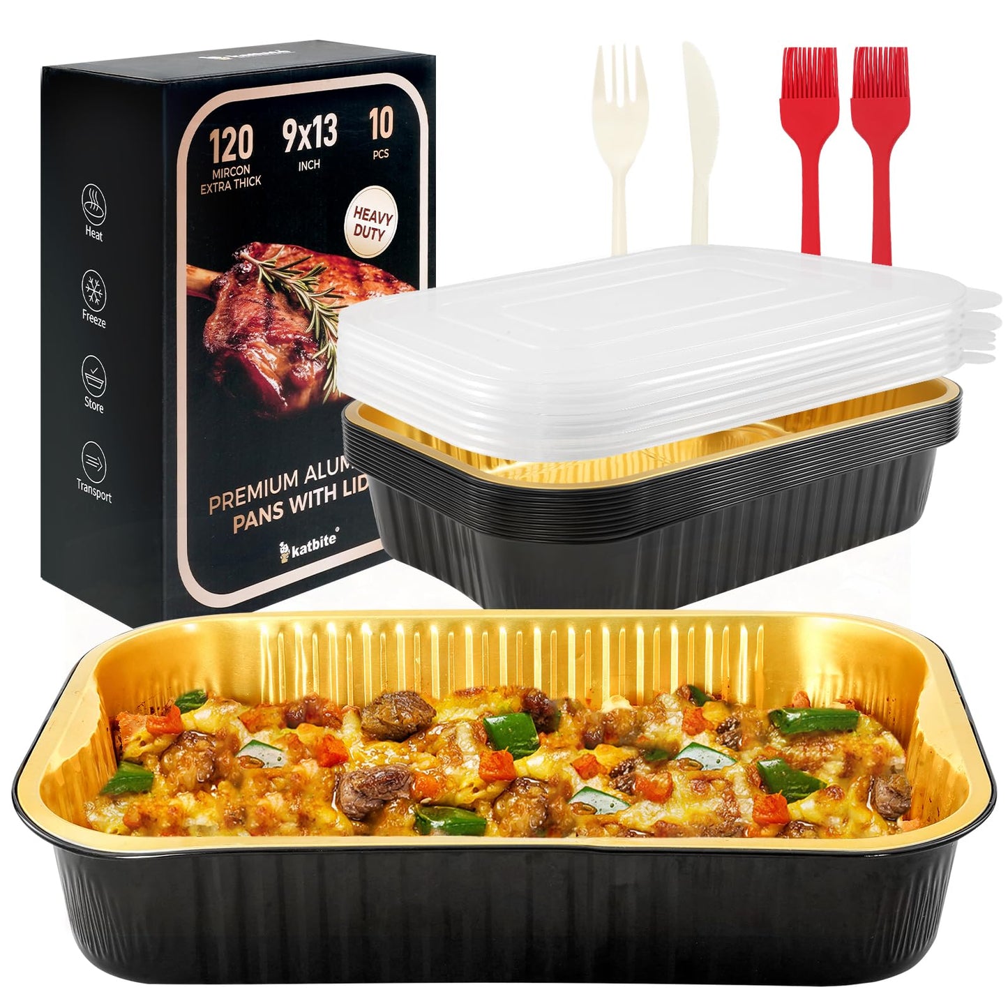 Katbite 9x13 Heavy Duty Aluminum Pans with Lids (10 Pack) - Double Thick Blackgold Foil Pans, 9.5 lb/152 oz