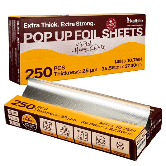Katbite Pop Up Aluminum Foil Sheets, 250 Count, 14 x 10.75 in Heavy Duty Precut Foil Wraps, 25 Micron Food Safe Tin Foil for Cooking, Baking, Grilling, Catering and Food Prep