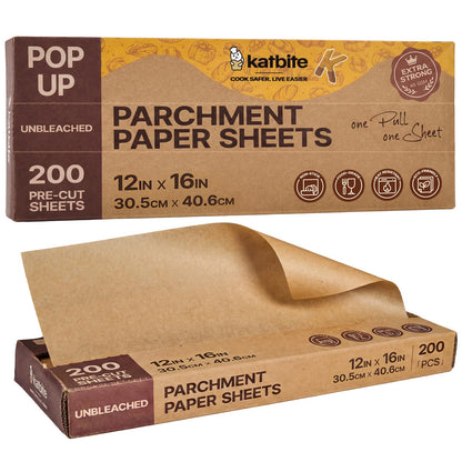Katbite Pop-Up Parchment Paper Sheets, 200 Count, 12 x 16 in, Precut Unbleached Nonstick Baking Paper