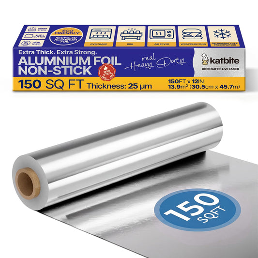 Katbite Non Stick Aluminum Foil Roll, Heavy Duty 12 in x 150 sq ft, 25 Micron Food Safe Foil Wrap for Cooking, Grilling, Baking, Roasting, Pan Lining and Food Storage