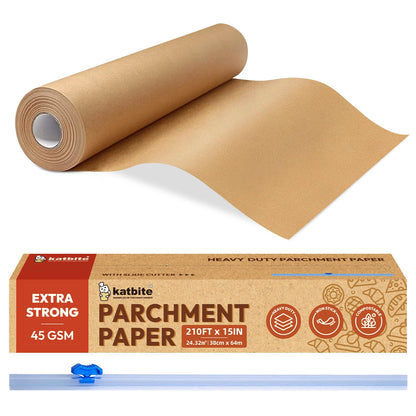 Katbite Unbleached Parchment Paper Roll for Baking, 15 in x 210 ft, 260 Sq.Ft,Brown