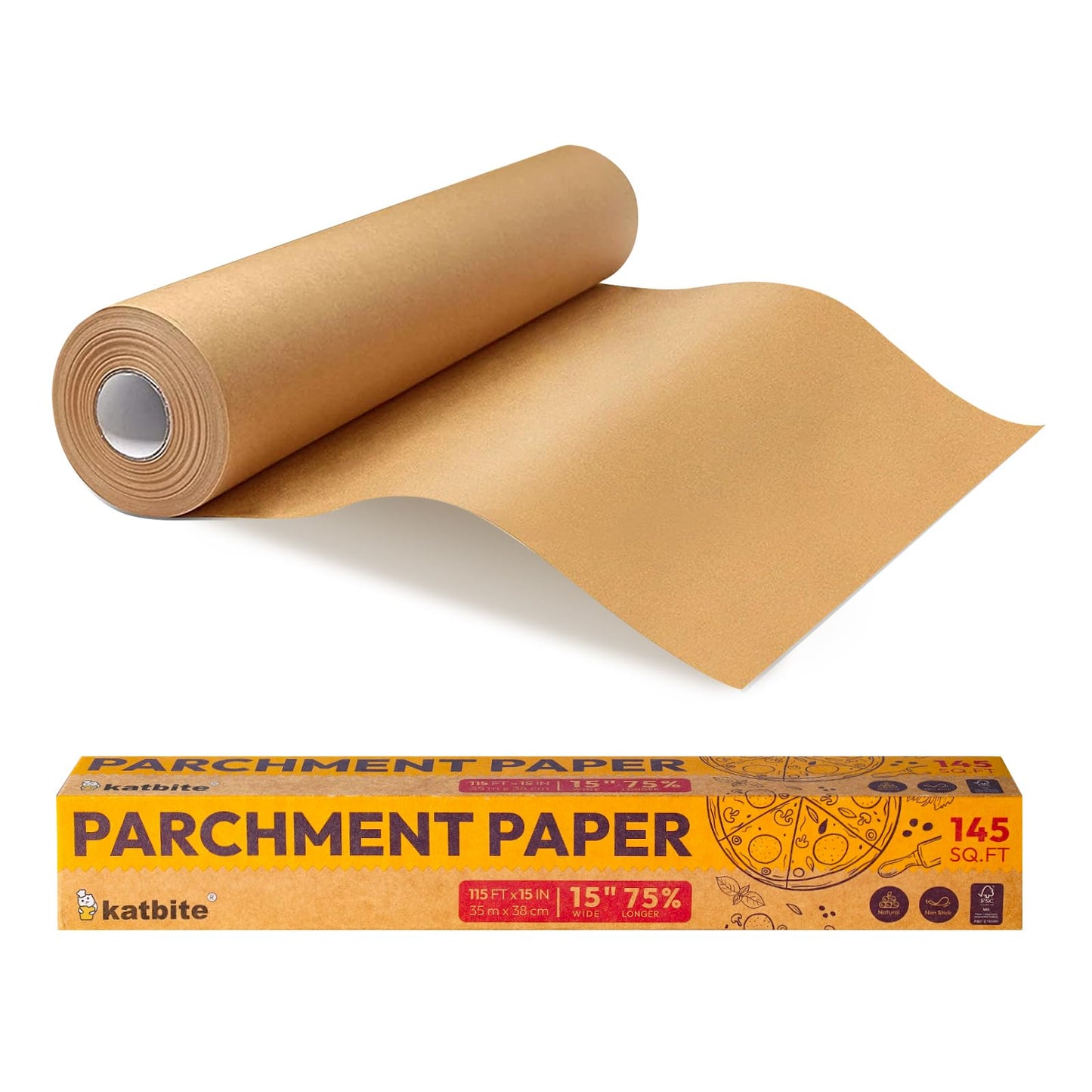 Katbite Parchment Paper Roll 15in x 115ft, Unbleached Pachment Baking Paper Roll 145 Sq.Ft