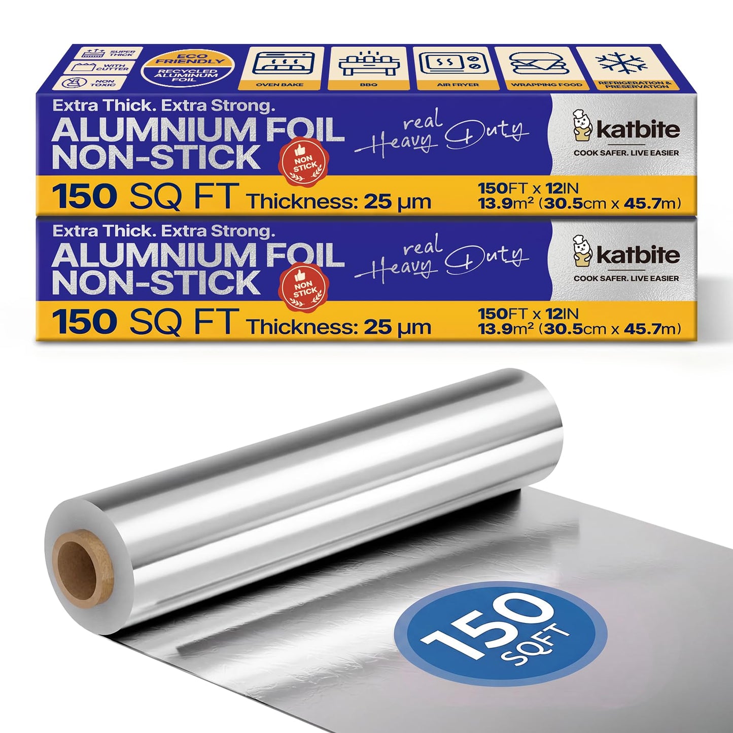 Katbite Non Stick Heavy Duty Aluminum Foil Roll 2 Pack, 12 in x 150 Sq Ft, 25 Micron Food Safe Foil Wrap for Cooking, Grilling, Baking and Storage