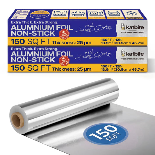 Katbite Non Stick Heavy Duty Aluminum Foil Roll 2 Pack, 12 in x 150 Sq Ft, 25 Micron Food Safe Foil Wrap for Cooking, Grilling, Baking and Storage