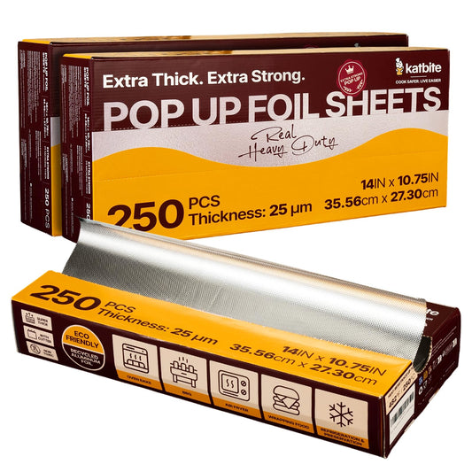 Katbite Pop Up Aluminum Foil Sheets 2 Pack, 500 Count, 14 x 10.75 Inch Heavy Duty Precut Nonstick Foil Wraps for Cooking, Baking, Grilling, Catering and Deli