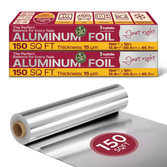 Katbite Aluminum Foil Roll 2 Pack, 12 in x 150 sq ft Each, Food Safe Heavy Duty Tin Foil Wrap with Easy Cutter