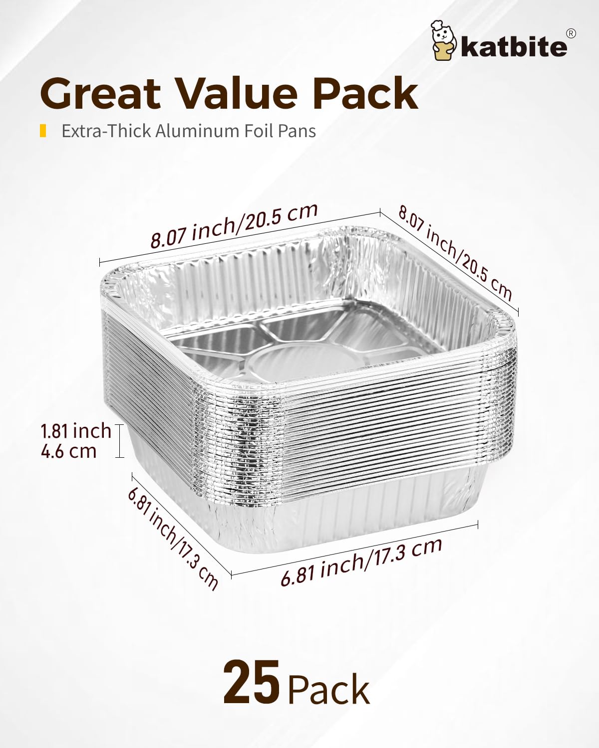 Katbite 8 x 8 Aluminum Foil Pans, 25 Count Disposable Square Aluminum Cake Pans