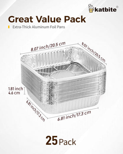 Katbite 8 x 8 Aluminum Foil Pans, 25 Count Disposable Square Aluminum Cake Pans