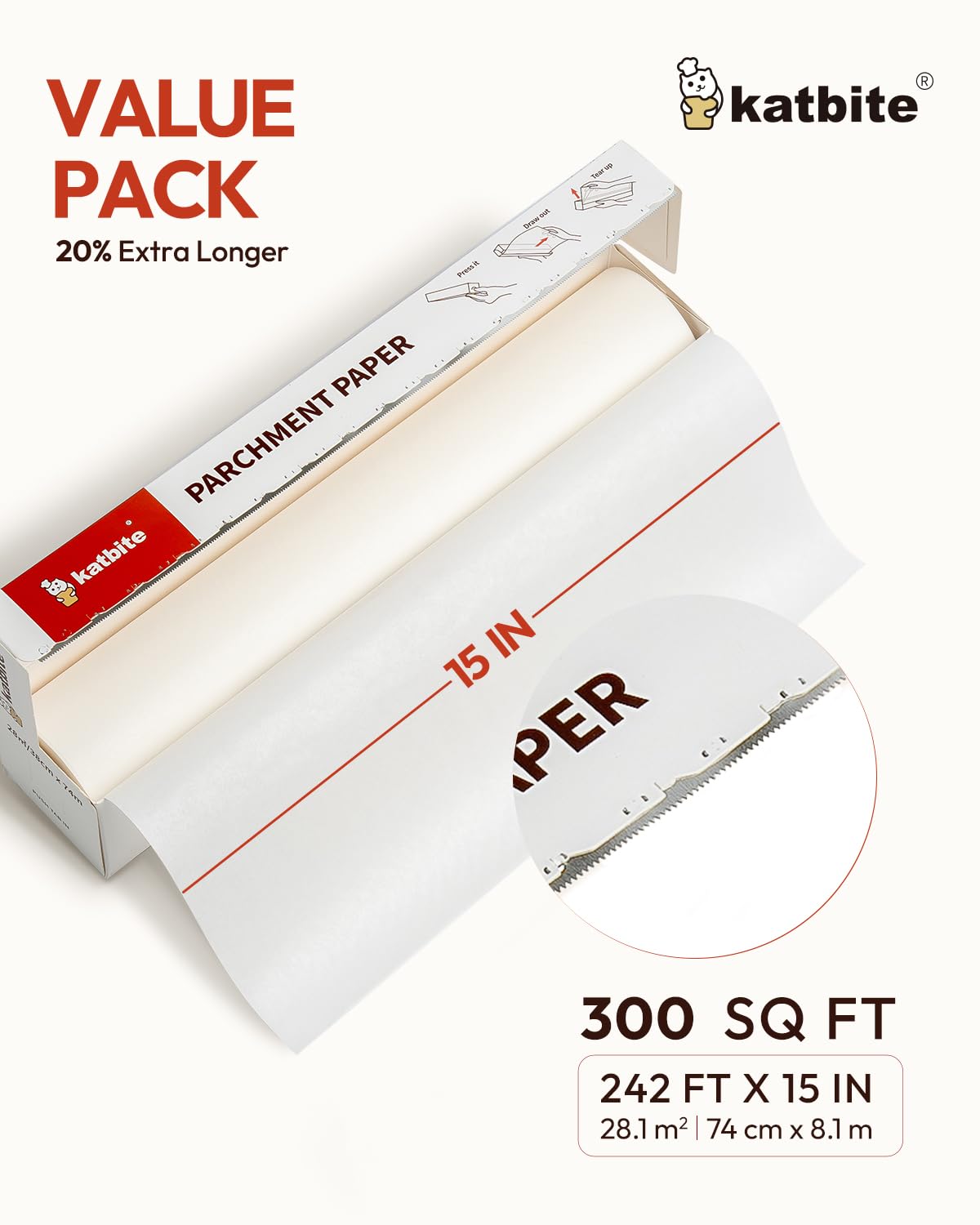 Katbite Value Pack Parchment Paper Roll with Serrated Cutter, 15in x 242ft, 300 Sq. Ft, White