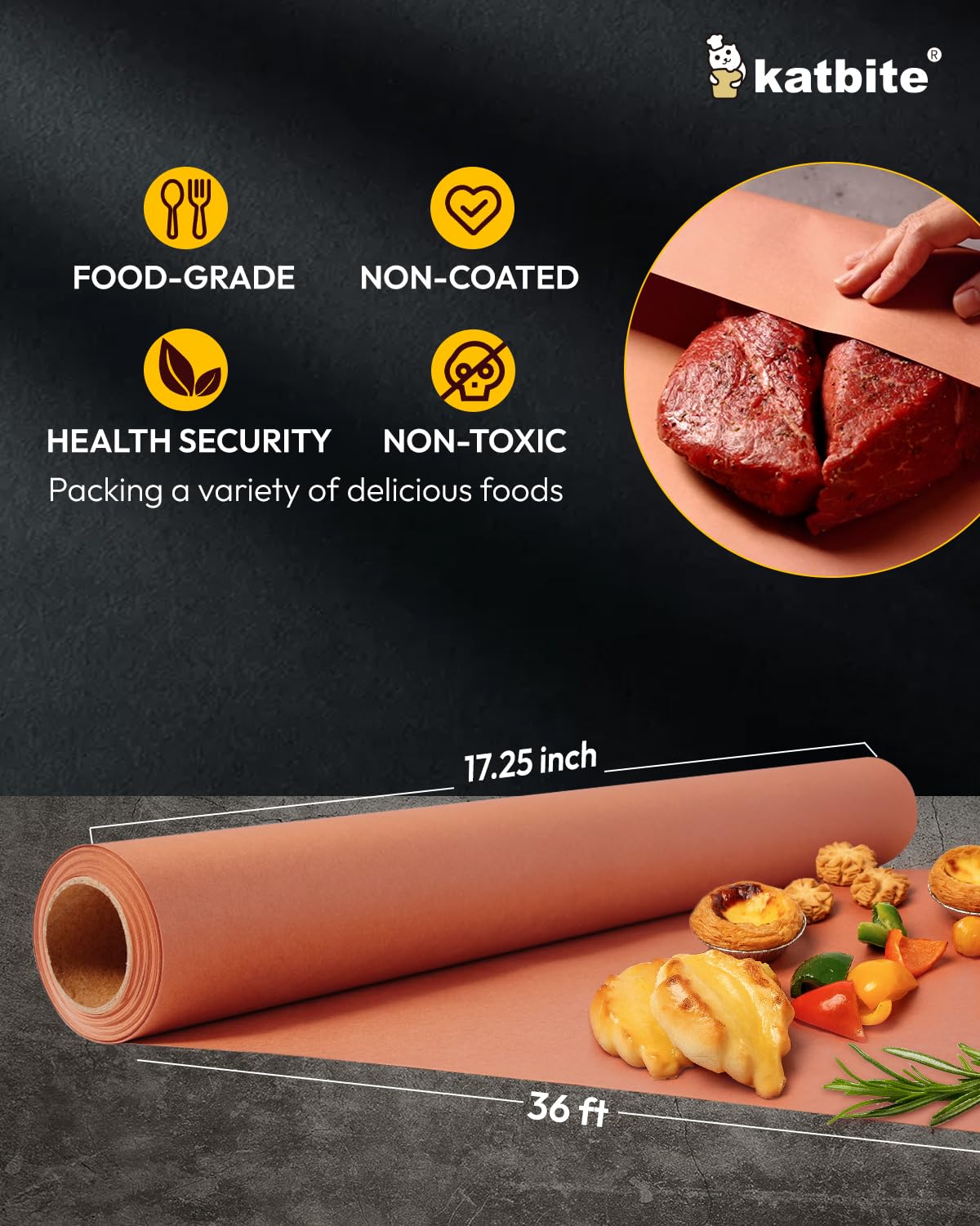 Katbite Butcher Paper Roll - 18 inch Roll of Food Grade Peach Butcher Paper for Smoking Meat - Unbleached, Unwaxed, and Uncoated Kraft Paper Roll