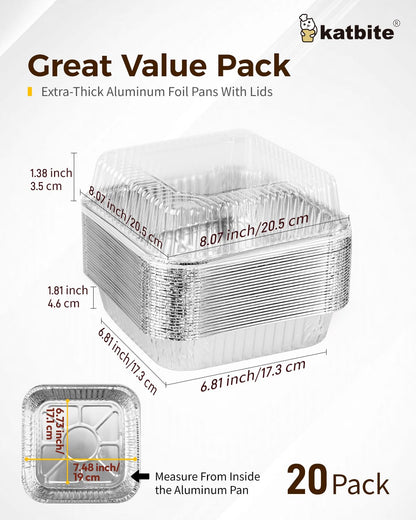 Katbite 8x8 inch (20 Packs) Disposable Aluminum Foil Pans With With Clear Lids Foil Baking Pans Square Aluminum Baking Pans