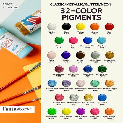 Fantastory Tempera Paint for Kids 32 Colors (2 oz Each) Washable Tempera Paint, Kids Poster Paint Sponge Painting, Non-Toxic Kids Paint Finger Paints Hand Paints Bottles Early Learning