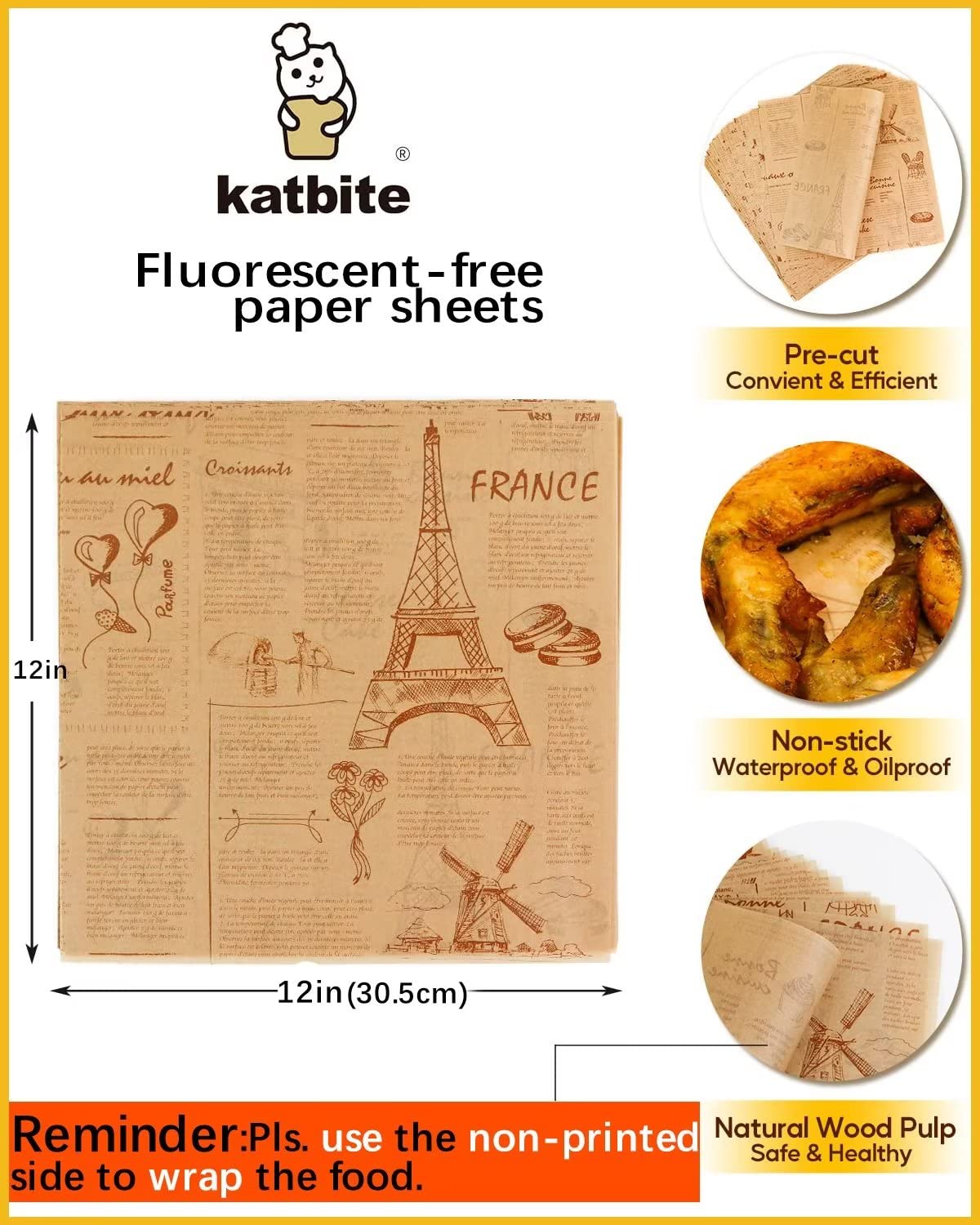 Katbite 100 Pcs 12x12 inch Grease-Proof and Non-Stick Parchment Paper Sheets Food Wraps