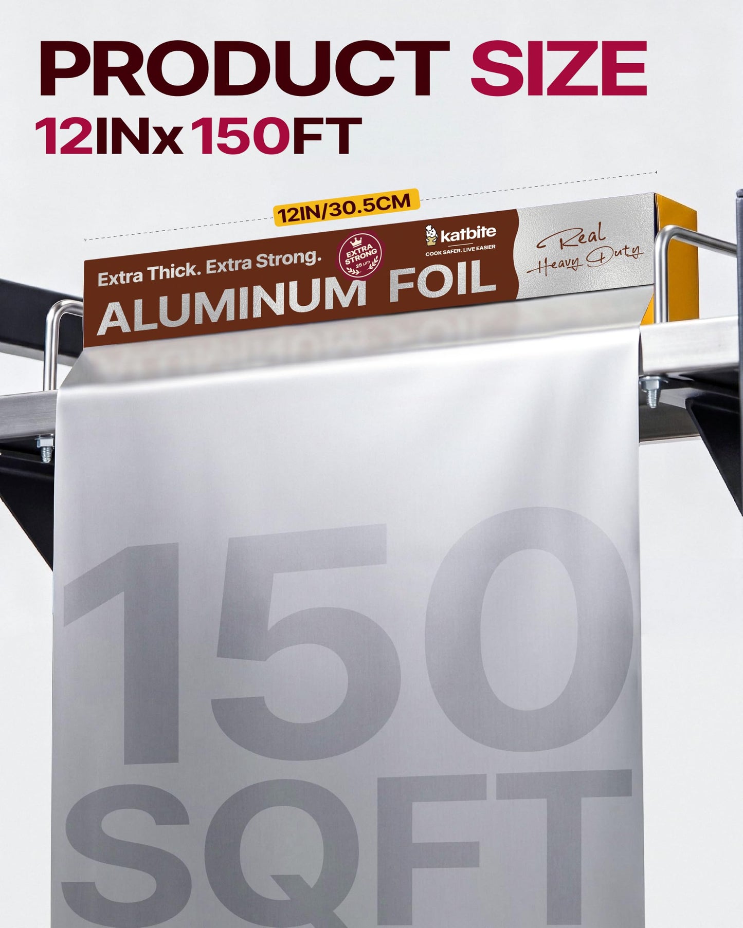 Katbite Heavy Duty Aluminum Foil Roll, 2 Pack, 12 in x 150 ft, 25 Micron Thick, with Cutter, for Cooking, Grilling and Catering