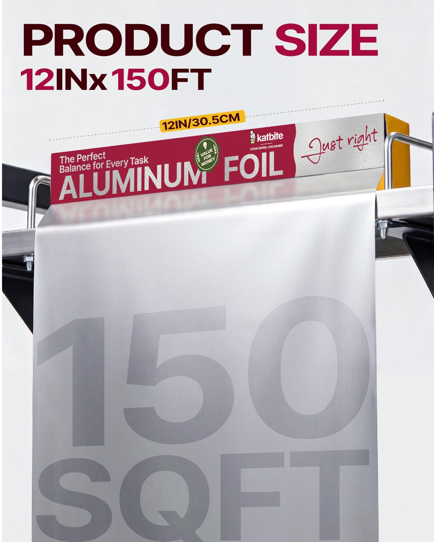 Katbite Aluminum Foil Roll 2 Pack, 12 in x 150 sq ft Each, Food Safe Heavy Duty Tin Foil Wrap with Easy Cutter