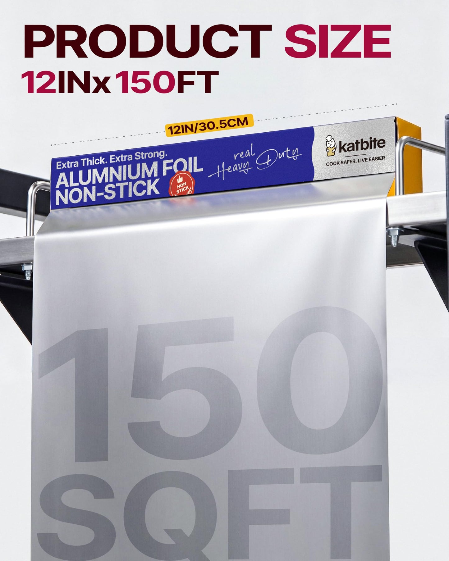 Katbite Non Stick Heavy Duty Aluminum Foil Roll 2 Pack, 12 in x 150 Sq Ft, 25 Micron Food Safe Foil Wrap for Cooking, Grilling, Baking and Storage
