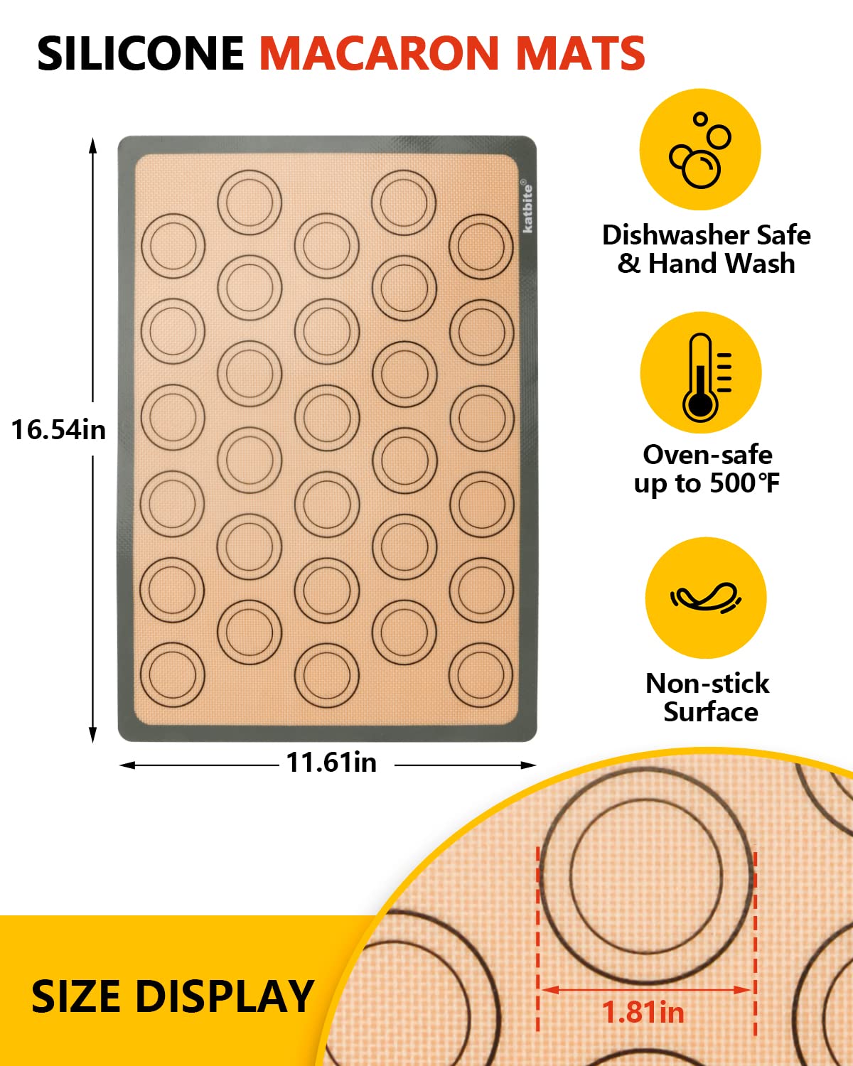 Katbite Macaron Silicone Baking Mats Set of 2 Half Sheet (11 5/8" x 16 1/2") Reusable & Nonstick Silicone Bakeware Mats