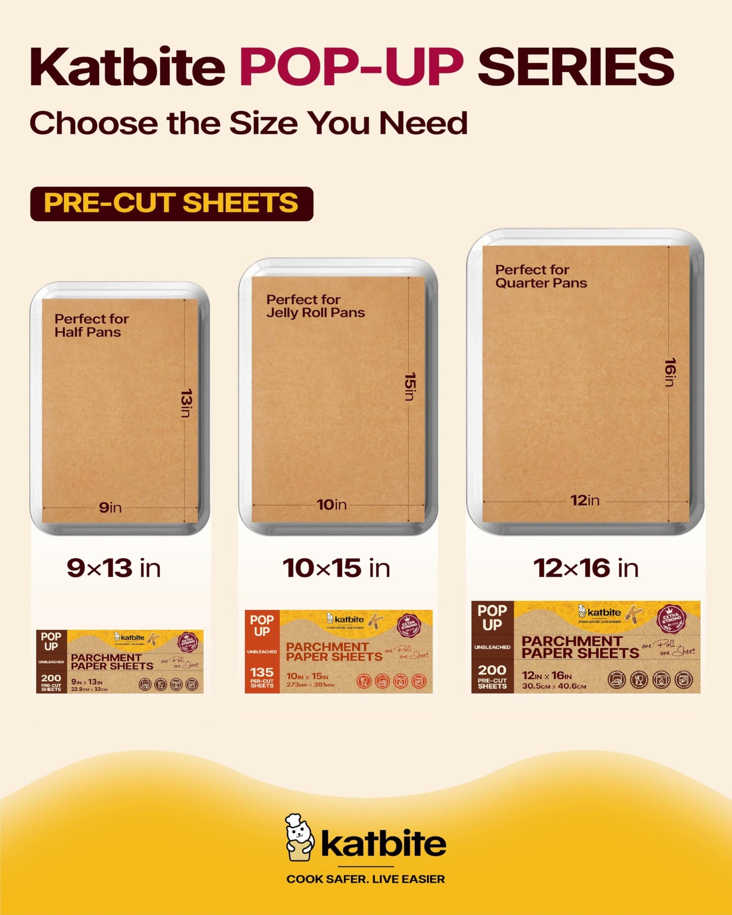 Katbite Pop-Up Parchment Paper Sheets, 200 Count, 12 x 16 in, Precut Unbleached Nonstick Baking Paper