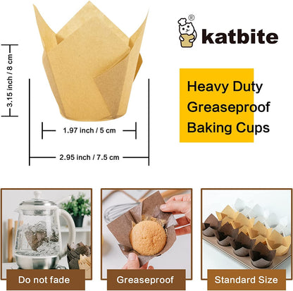 Katbite Tulip Cupcake Liners 200PCS, Muffin Baking Cupcake Liners Holders, Baking Cups, Cupcake Wrapper for Party, Wedding, Birthday, (Nature)