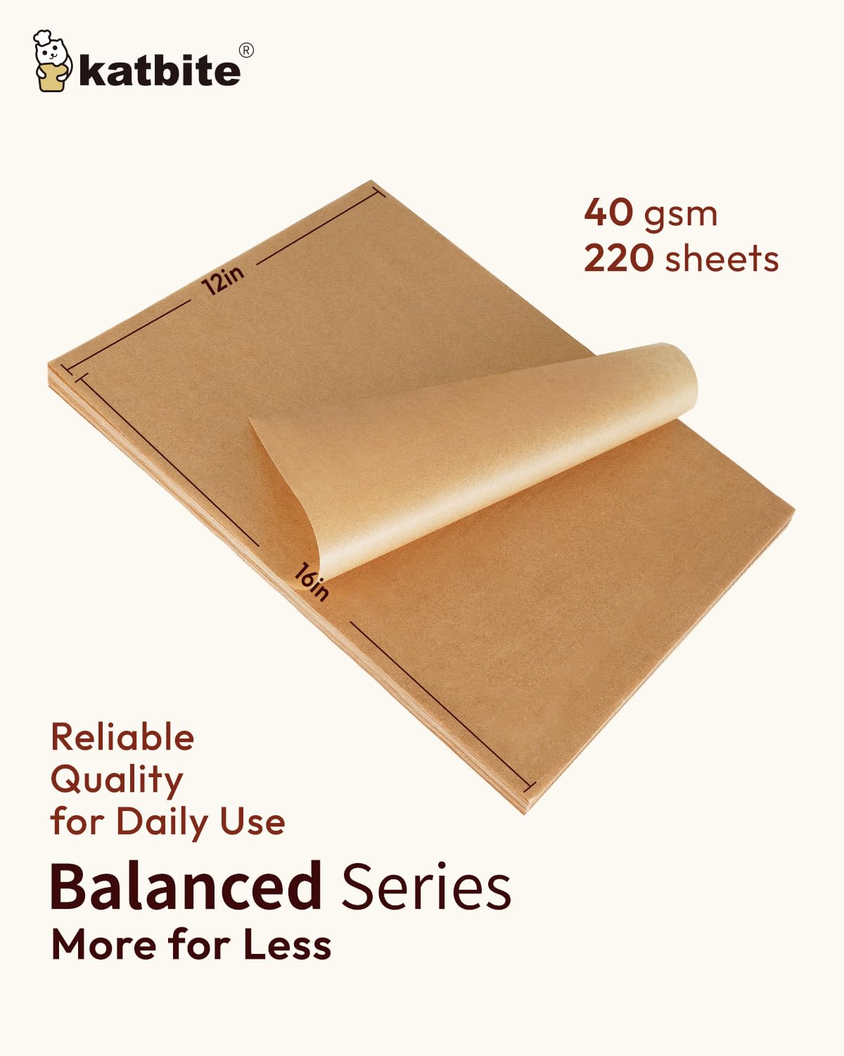 Katbite 220 Pcs Unbleached Parchment Paper Sheets, 12x16 Inches, Non-Stick Balanced Baking Paper