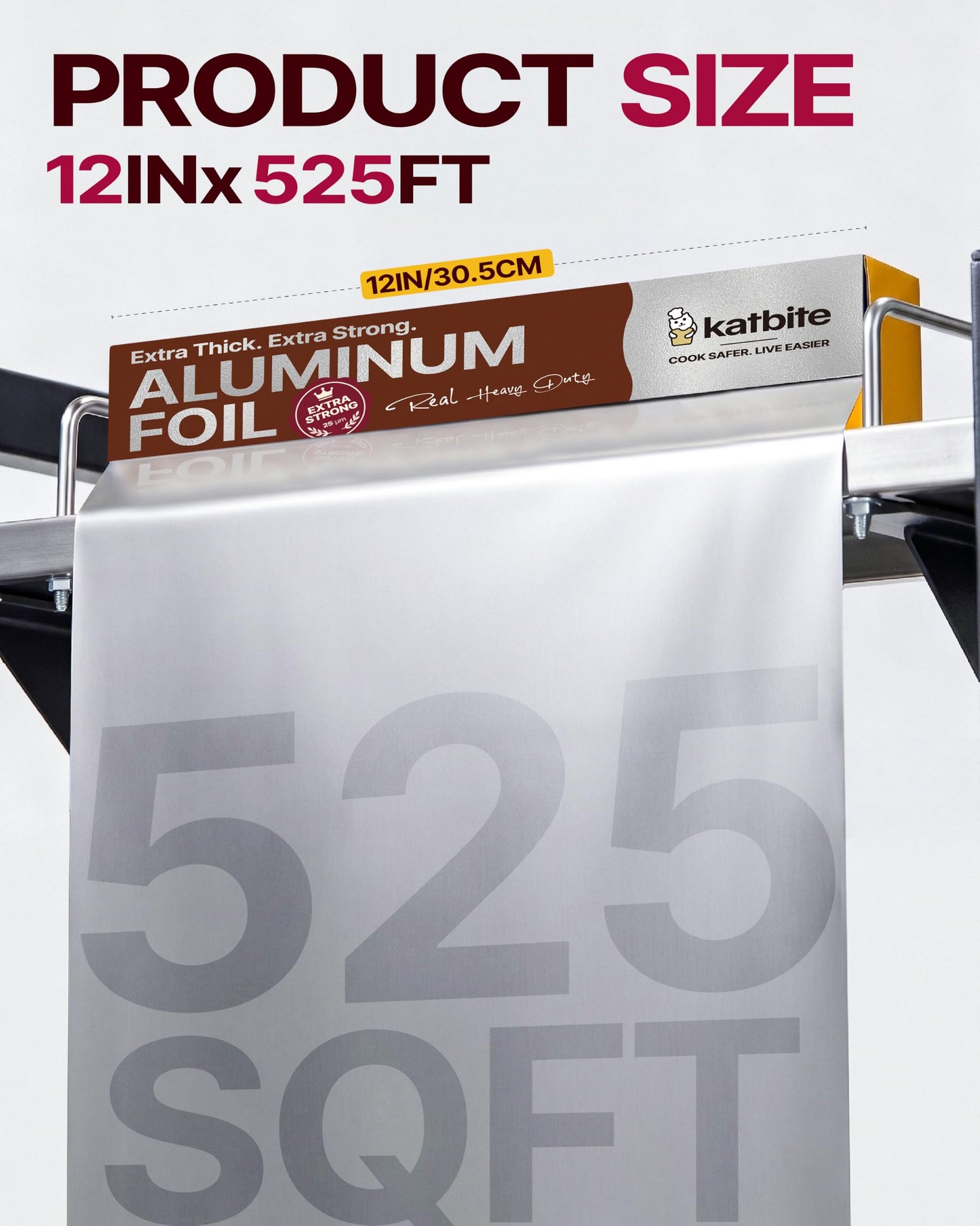 Katbite Heavy Duty Aluminum Foil Roll, 12 in x 525 ft, 25 Micron Thick Foil with Cutter for Cooking, Grilling and Catering, 525 Sq Ft