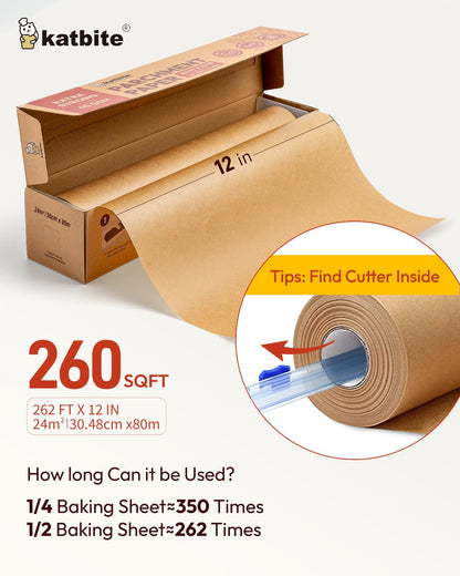 Katbite Unbleached Parchment Paper Roll for Baking, 12in x 262ft, 260 Sq.Ft, Brown with Slide Cutter
