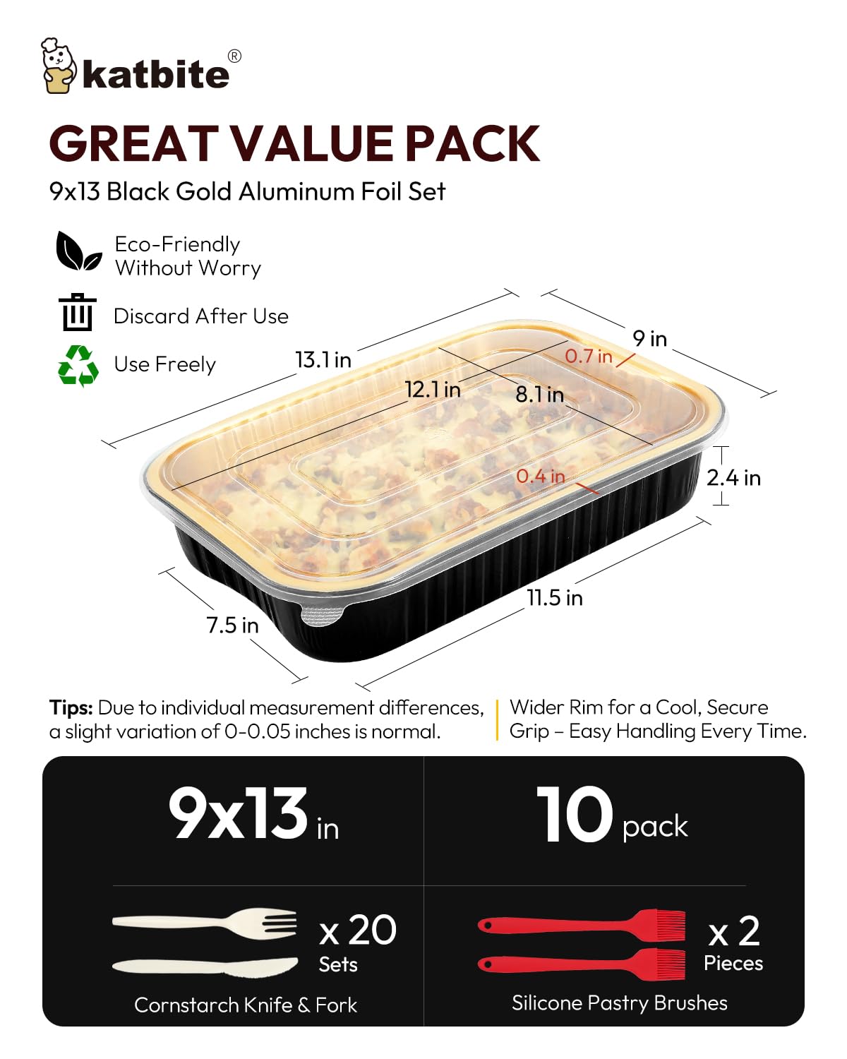 Katbite 9x13 Heavy Duty Aluminum Pans with Lids (10 Pack) - Double Thick Blackgold Foil Pans, 9.5 lb/152 oz