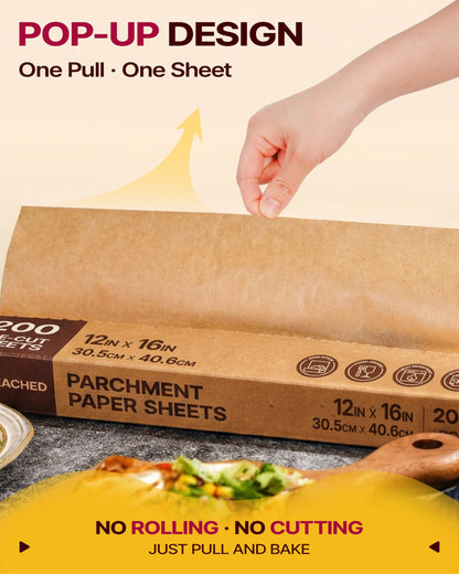 Katbite Pop-Up Parchment Paper Sheets, 200 Count, 12 x 16 in, Precut Unbleached Nonstick Baking Paper