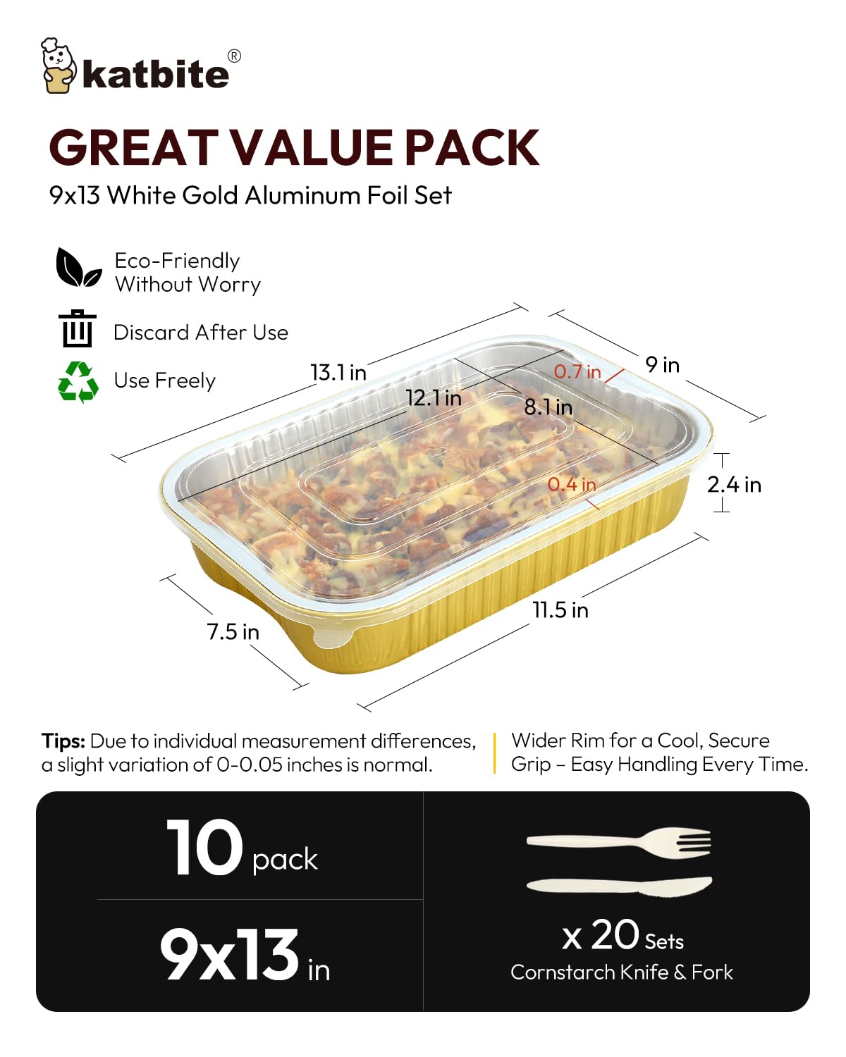 Katbite Heavy Duty Aluminum Pans with Lids 9"x13" (10 Pack), Double Thickened Tin Foil Food Containers