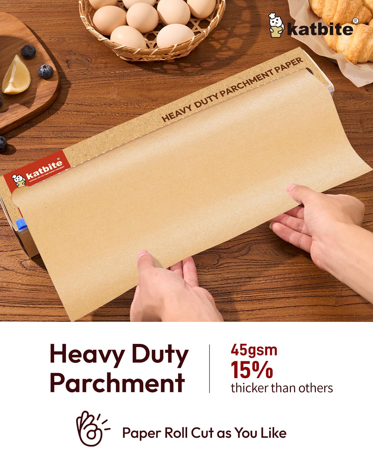 Katbite Unbleached Parchment Paper Roll for Baking, 15 in x 210 ft, 260 Sq.Ft,Brown